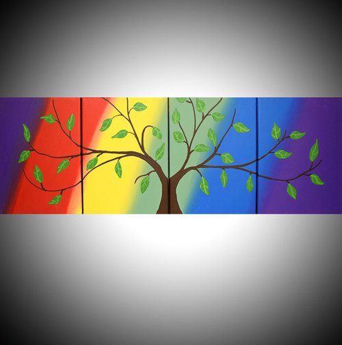 abstract painting triptych original landscape" Rainbow Seasons " 4 panel painting canvas triptych wall art pop abstraction contemporary art tree of life 48 x 20 inches quadriptych by Stuart Wright