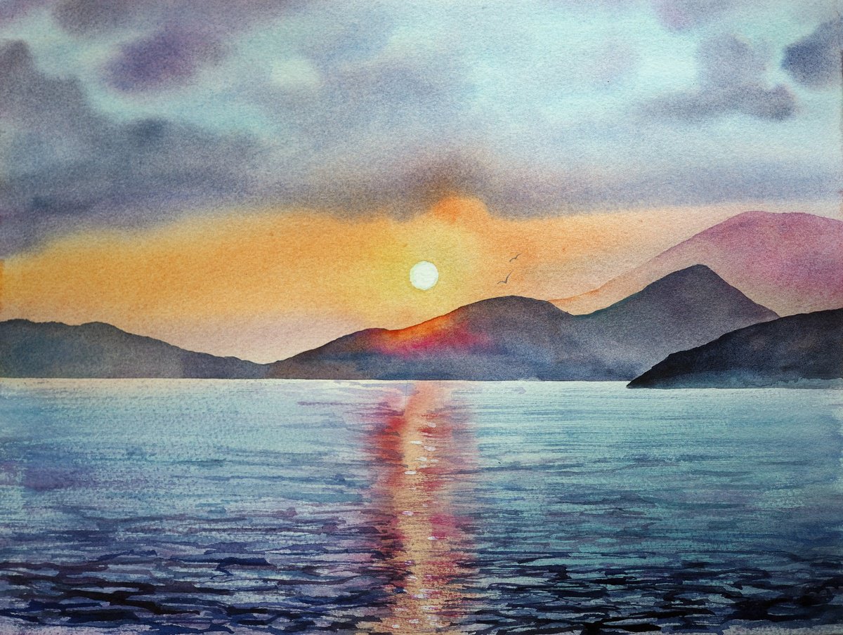 Impressionistic Watercolour , Mediterranean Sunset By Delnara El, 16 X 12, Artwork For Sale On Artfinder
