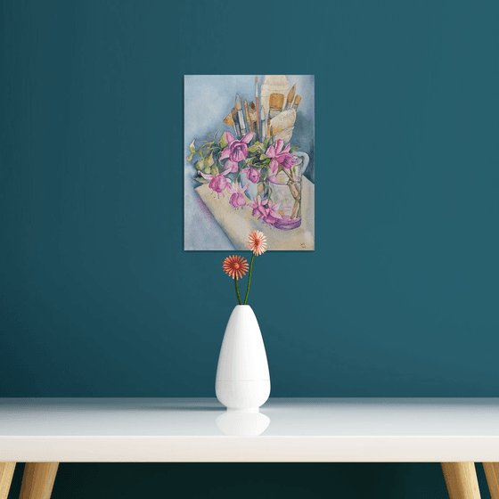 Fushia flowers on painter's table