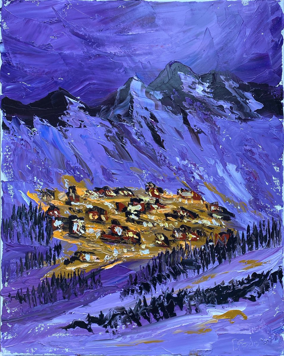 Impressionistic Landscape Oil Painting By Dmitry Fedorov, 20 X 24, Winter Mountain Village, Original Artwork