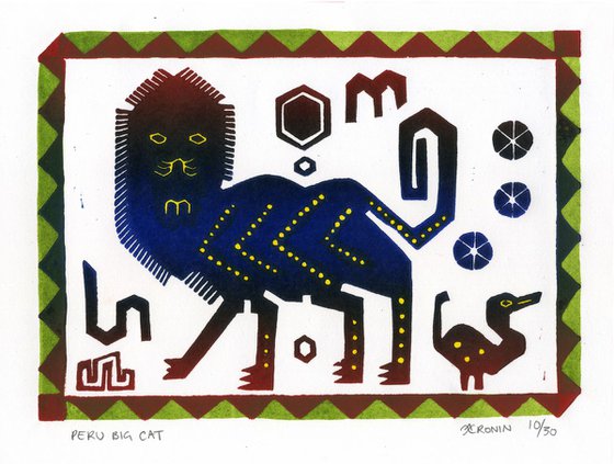 Peru Big Cat Linocut Hand Pulled Original Relief Print Edition of 30