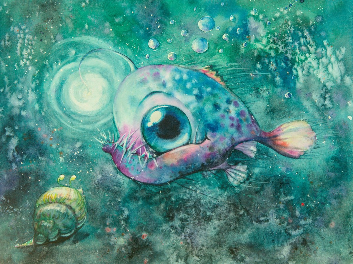 Cartoon Animal Watercolour By Eve Mazur, 16 X 12, Cute Anglerfish, Original Artwork