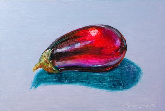gift for food lovers: modern triptic, still life of psychedelic eggplants and pepper