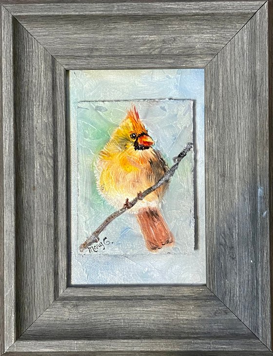 Female Cardinal Original Oil Painting Driftwood frame 4x6