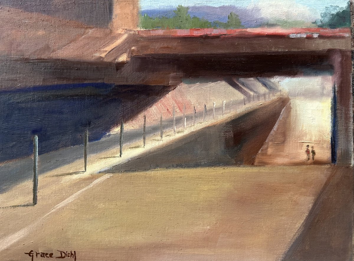 Geometric Cityscapes Oil Painting By Grace Diehl, 12 X 9, Overpass, Original Artwork