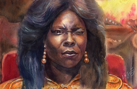 Watercolor portrait of Whoopi Goldberg from the Ghost movie