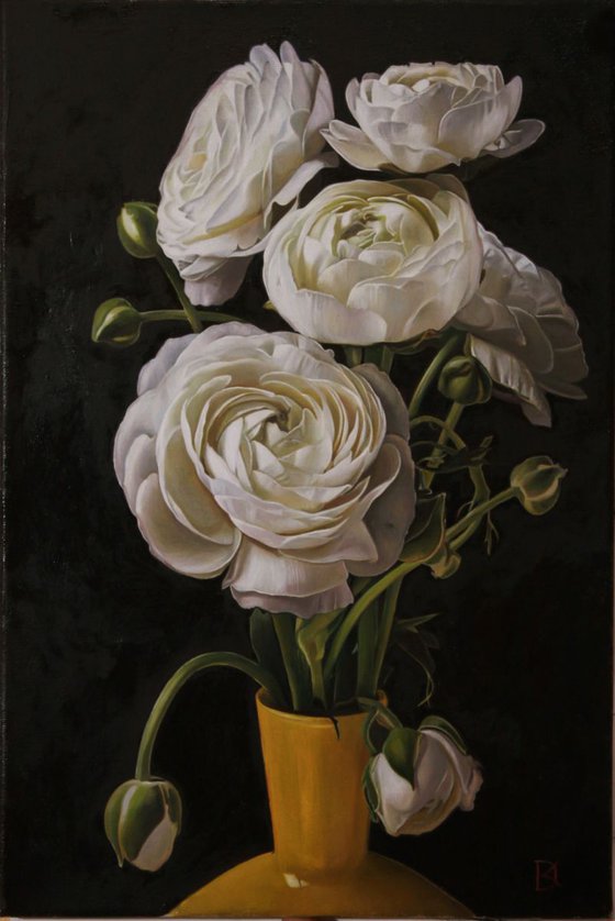 white bouquet in yellow vase