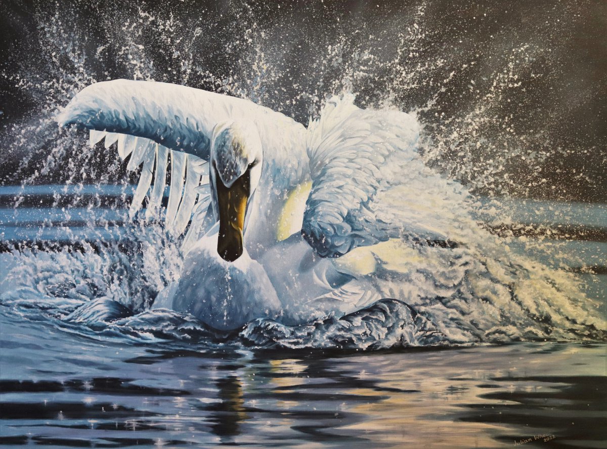 Photorealistic Animal Acrylic Painting By Julian Wheat, 46 X 35", Mute Swan Tempest, Original Artwork