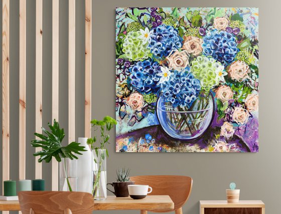 Blue Hydrangea and Roses