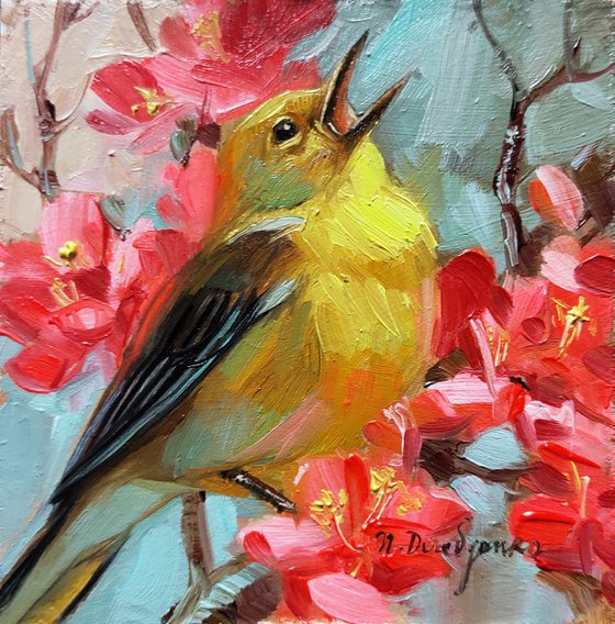 Original yellow bird painting original oil 4x4, Singing bird on blossom branch art painting framed, Small painting gift for music teacher