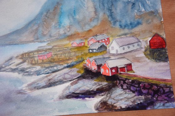 Christmas original Watercolor painting Hygge winter houses in Norway Village