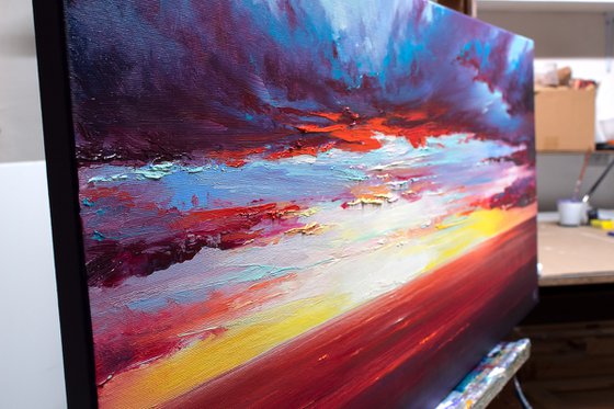 Red Sunset at the sea. Colorful Sky Oil Painting