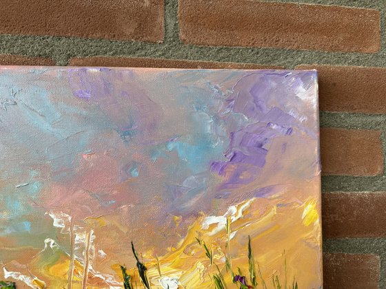 Yellow sunset with flowers