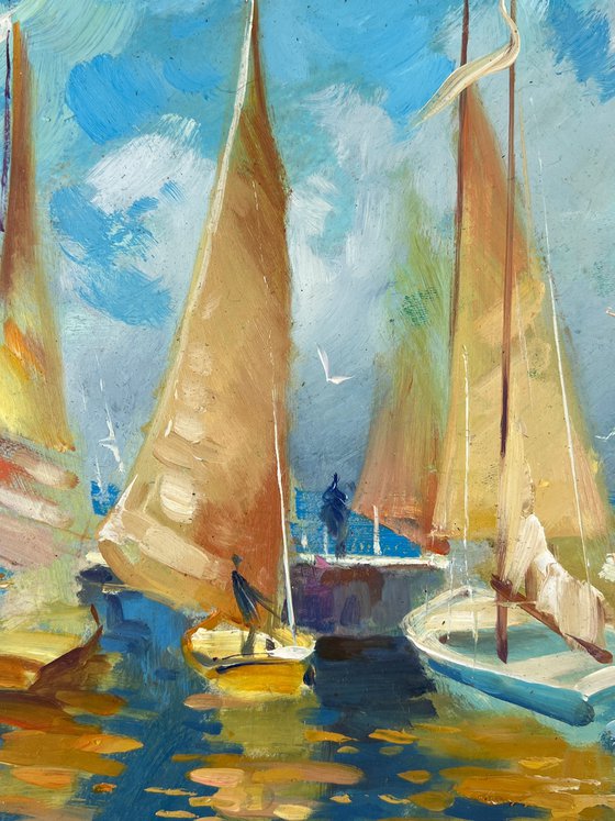Sailing Boats Moored in Front of the Sea