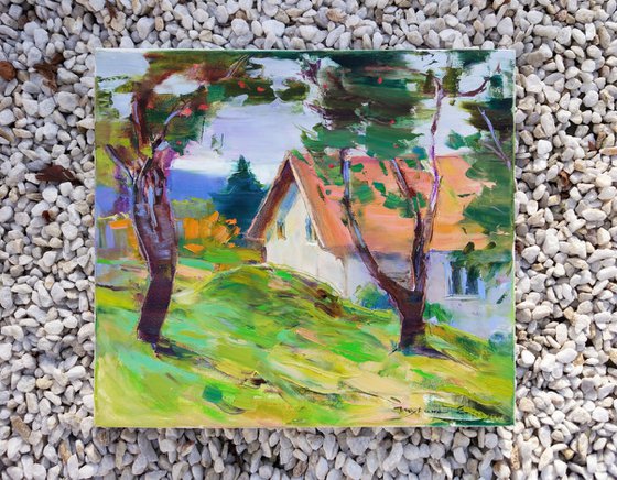 House in the apple garden  Mountains  Original oil painting