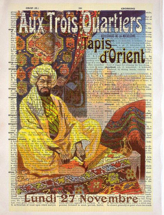 Aux Trois Quartiers Tapis d'Orient - Collage Art Print on Large Real English Dictionary Vintage Book Page