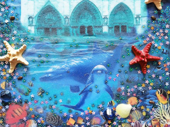 Paris. France. Notre Dame, Cathedral of Paris. Global warming. Flood in the city. Dolphins underwater, sea bottom seascape marine. Fantasy art.
