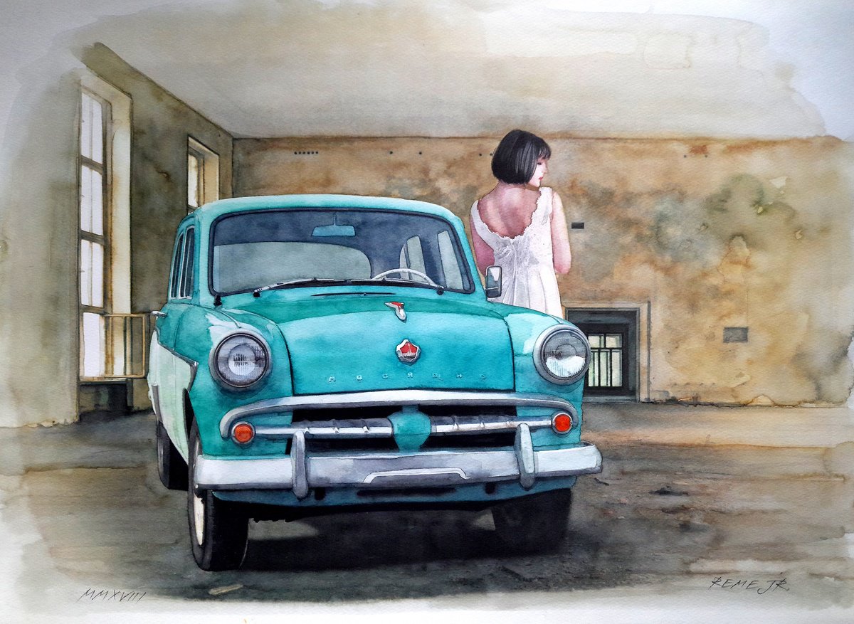 60s of the last century (Girl with Retro Light Blue Car) by REME Jr.