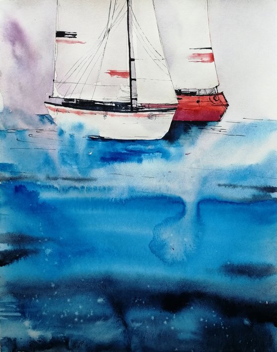 Sailboat painting. Seascape