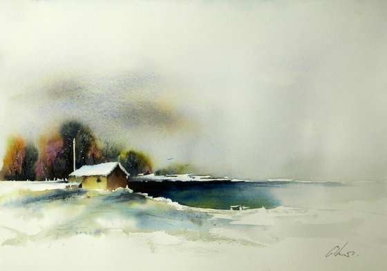 By a freezing lake. Original Watercolour Painting.