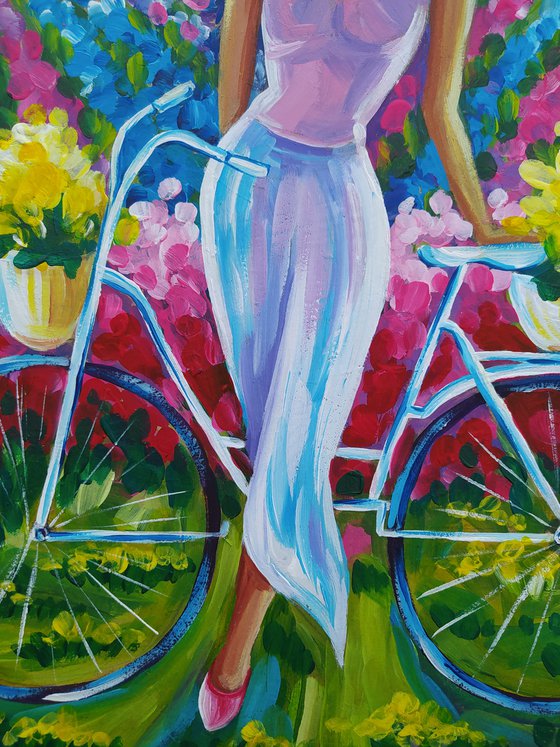 Repose - acrylic painting, bike, tulips, girl, woman, flowers, tulips field, relaxation, woman and bike