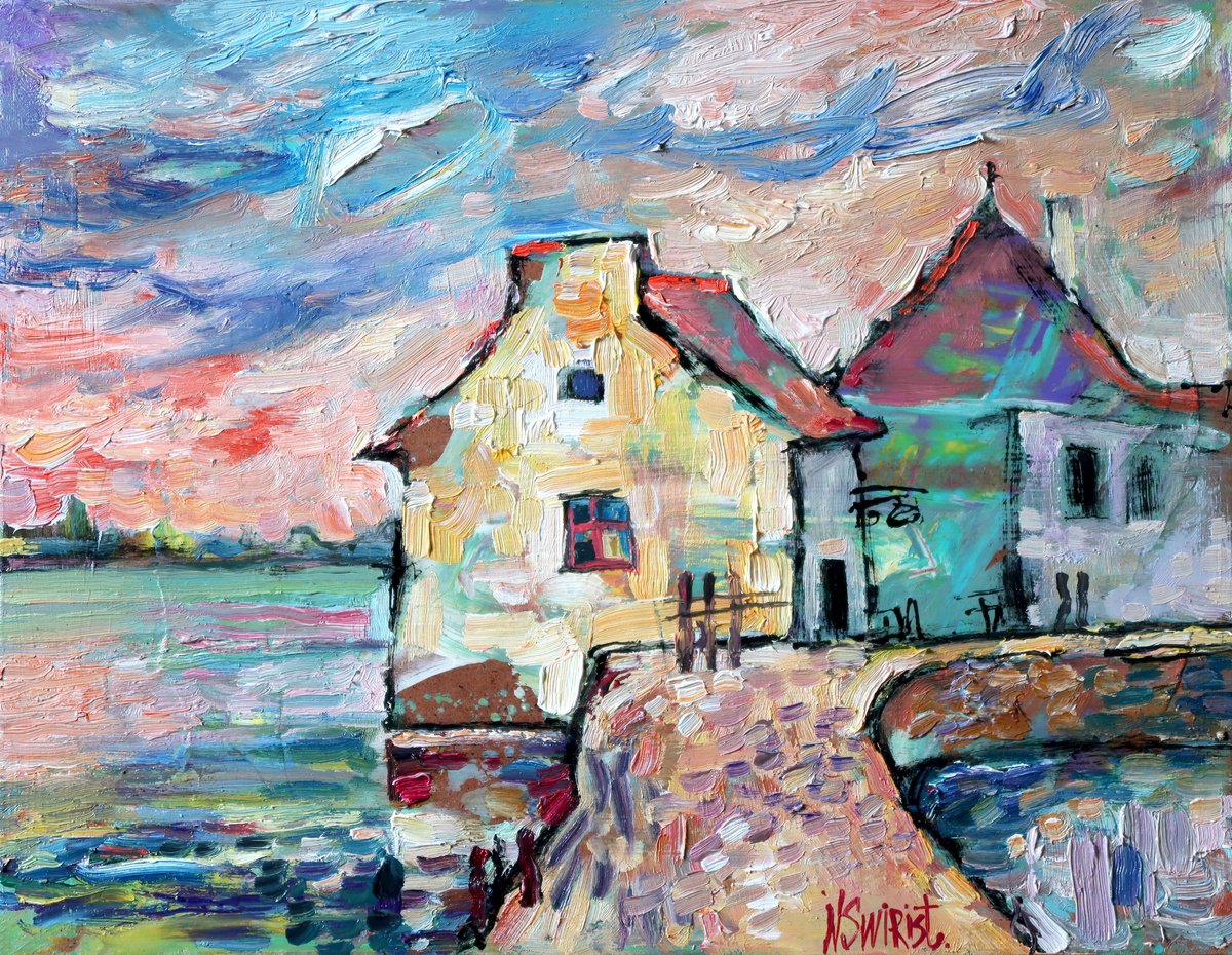 Impressionistic Cityscapes Oil Painting By Nikifor Swiristuhin, 14 X 11", Houses In The Bay. France., Original Artwork