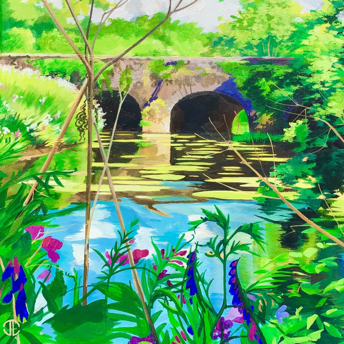 Impressionistic Landscape Acrylic Painting By Joseph Lynch, 20 X 20, Summer Drumbeg Bridge, Original Artwork