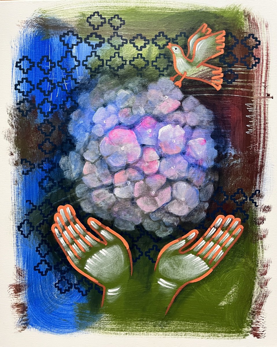 Naive Botanical Acrylic Painting By Yuliia Chaika, 13 X 16", Flowers Hydrangea, Original Artwork