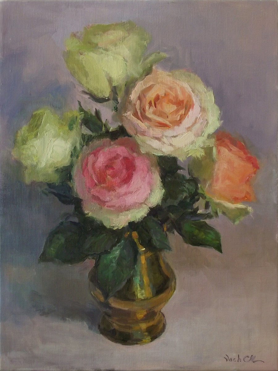Impressionistic Botanical Oil Painting By Vachagan Manukyan, 12 X 16", Roses #2, Original Artwork