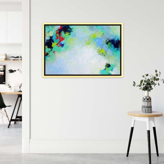 3D Abstract Painting on Canvas. Bright Colors, Blue Green White Violet Turquoise Teal, Bold Modern Art with Brush Strokes Texture