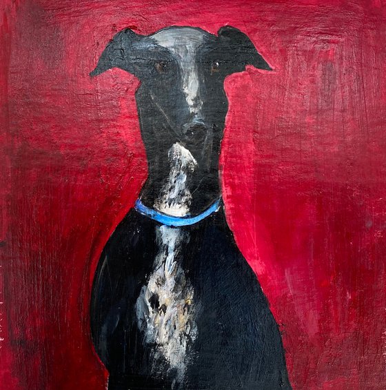 Black Greyhound on Dark Red