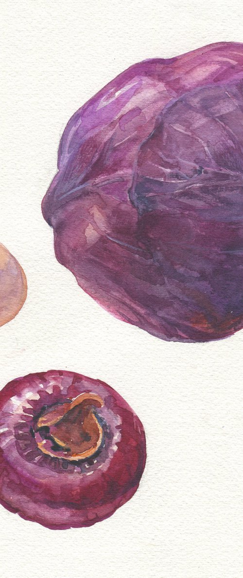 Veggies 6. Red cabbage, onion and egg / Original kitchen watercolor Purple vegetables on a white background by Olha Malko