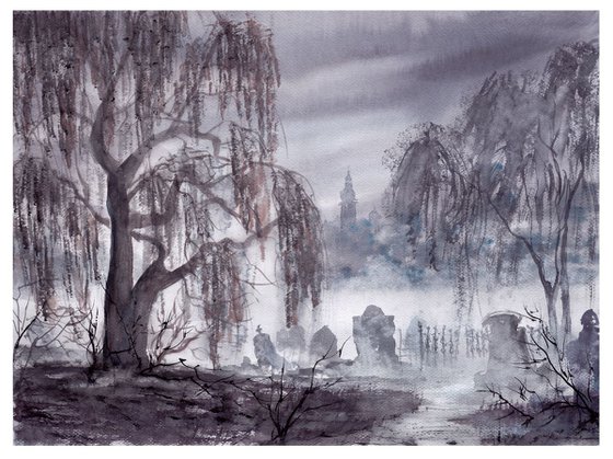 Landscape with a weeping willow tree. # 6. Watercolour landscape painting