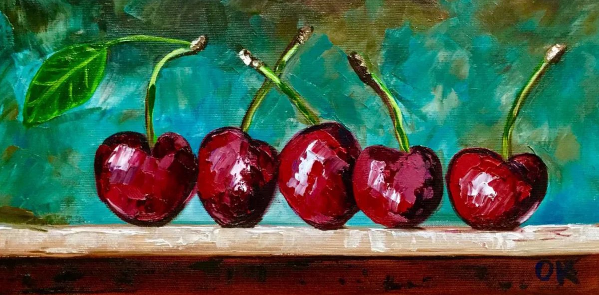 Expressive Still Life Oil Painting By Olga Koval, 16 X 8", Cherries. Still Life 2, Original Artwork