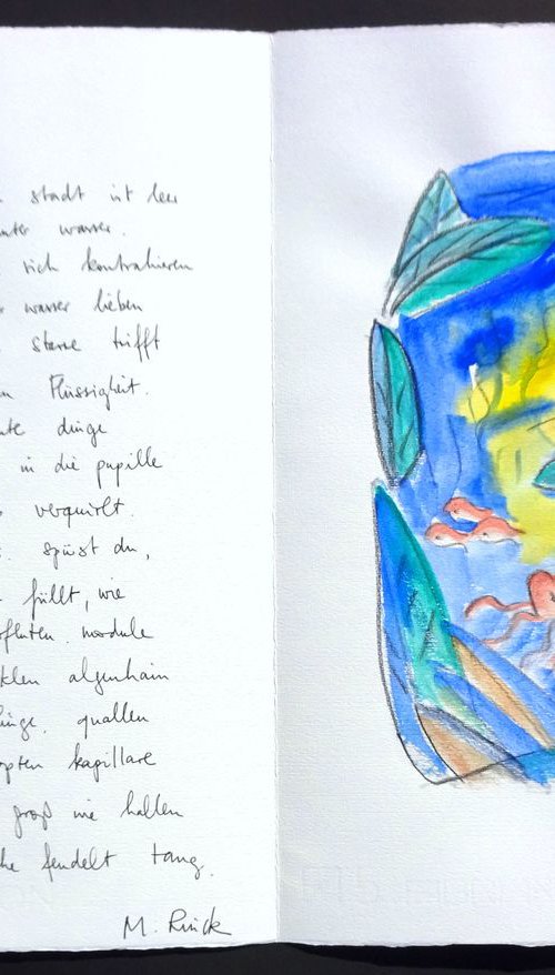 Monika Rinck: City Under Water, Variant 1 - handwritten poem and original gouache by Volker Mayr