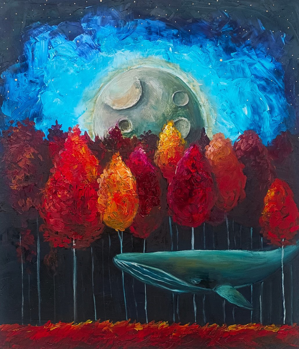 Surrealistic Landscape Oil Painting By Evgenia Smirnova, 24 X 28, Swimming Through Starlit Woods, Original Artwork