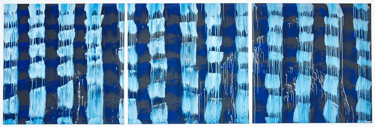 Geometric Abstract Acrylic Painting By Simon Findlay, 177 X 59", Blue Clouds Black, Original Artwork