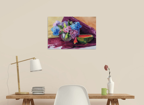 Still life with flowers and watermelon