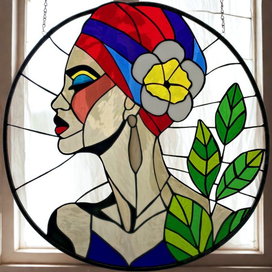 Art Deco Woman Stained Glass Panel