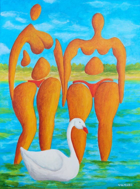 Bathing girlfriens with swan