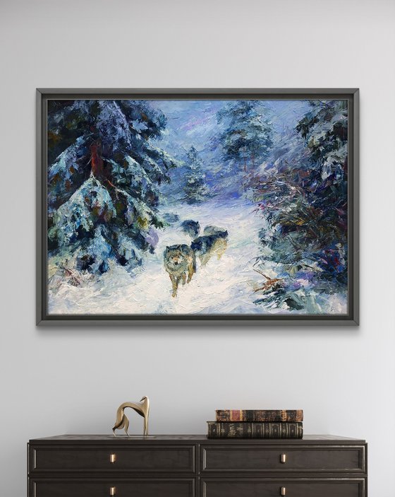 Wolf Pack In The Winter Forest