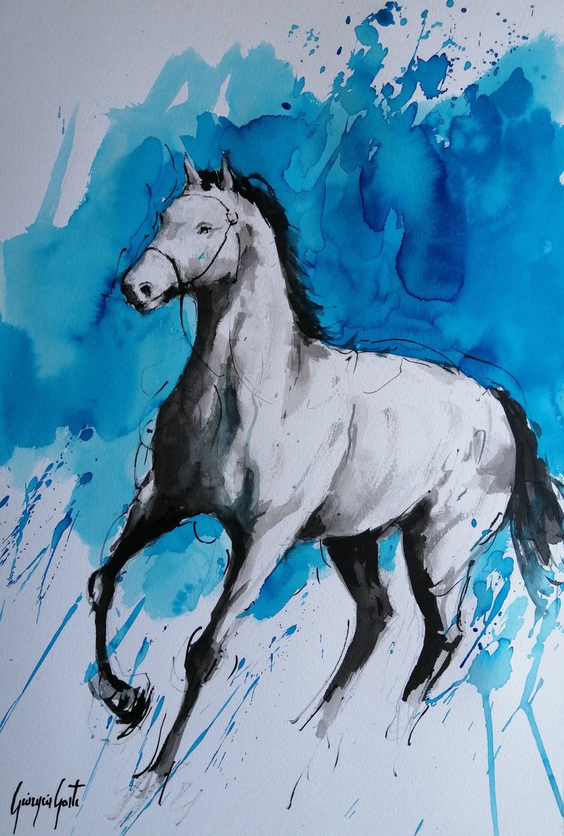 Impressionistic Animal Ink Drawing By Giorgio Gosti, 14 X 20, Horses 24, Original Artwork