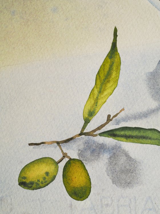 The olives branch - original watercolor gray and green - light and sunny