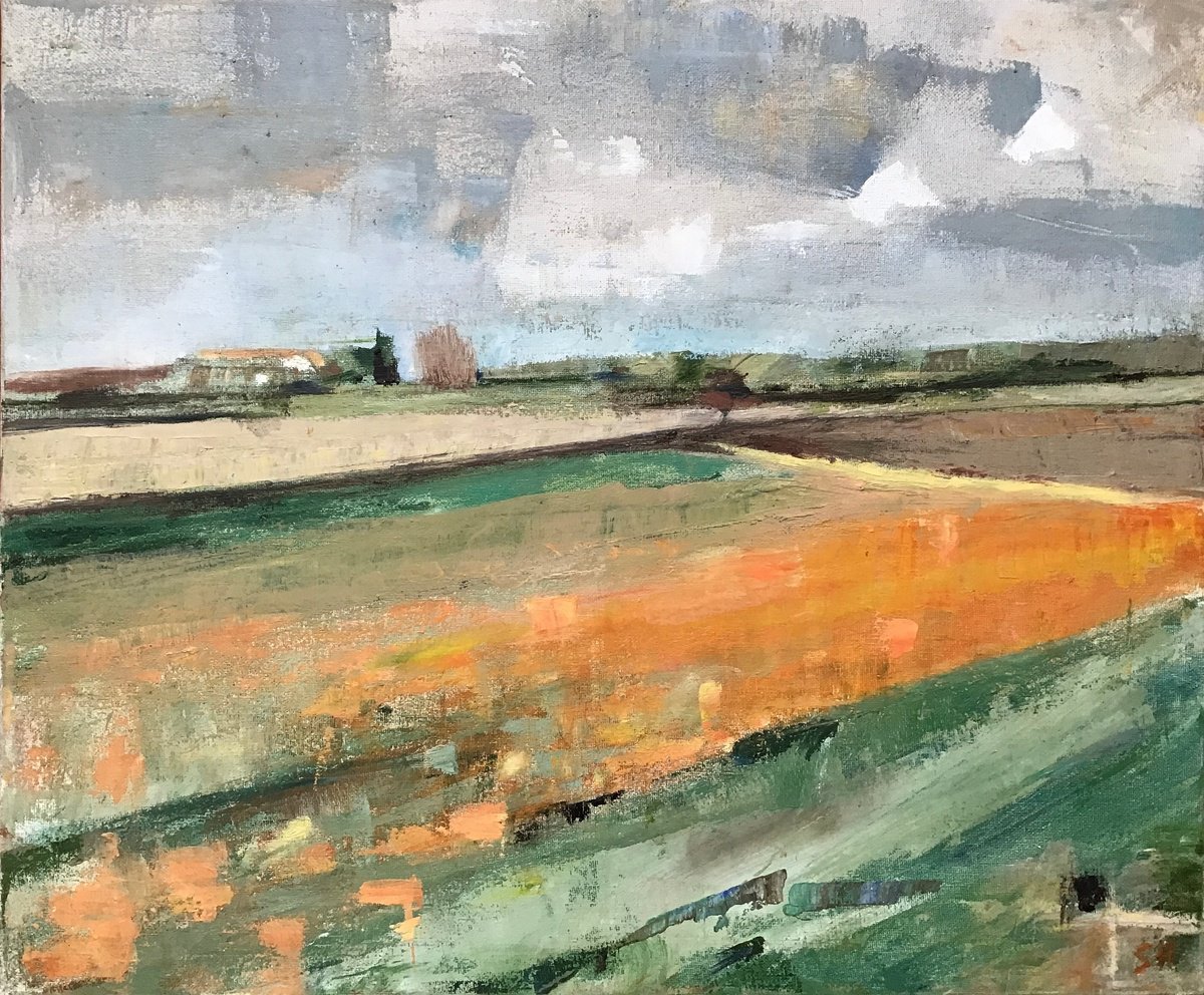 Organic Landscape Oil Painting By Sandra Haney, 24 X 20", Pumpkin Field, Original Artwork