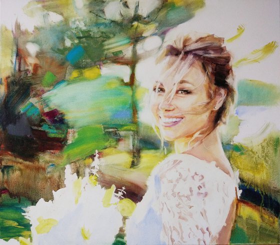 Commission artistic portrait. Portrait of the bride. Romantic portrait. Oil on canvas.