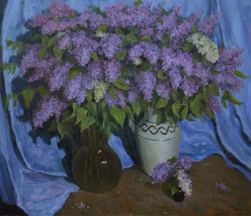 The Still Life With Lilacs And The Blue Curtain - Lilacs painting by Nikolay Dmitriev