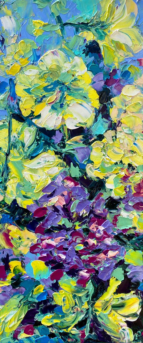 Mallow and phlox - Sunny joy, 35*45cm, impressionistic flowers oil painting in yellow and violet, purple, sunny mood by Olga Blazhko