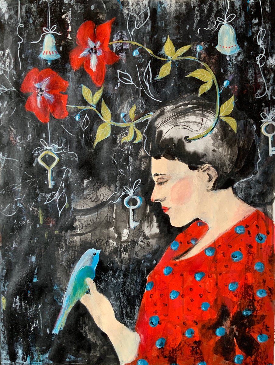 Hallo Spring - woman portrait, bird, flowers by Alexandra Jagoda (Ovcharenko)