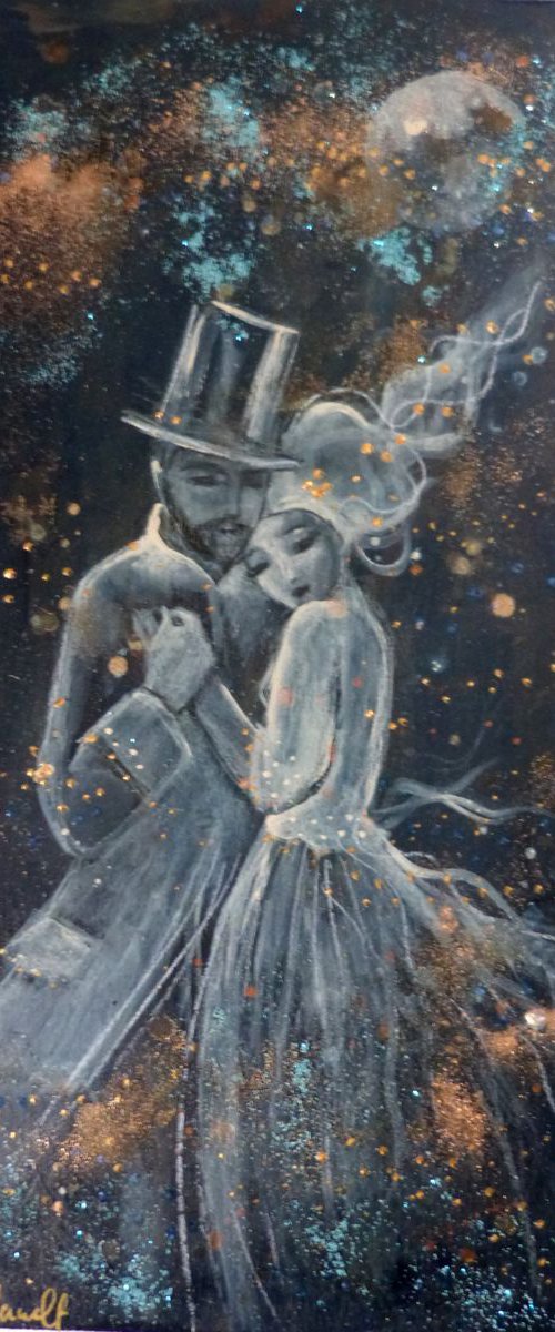 "Under the moon, infinitely".mix media on wood 15x30cm by Loetitia Pillault