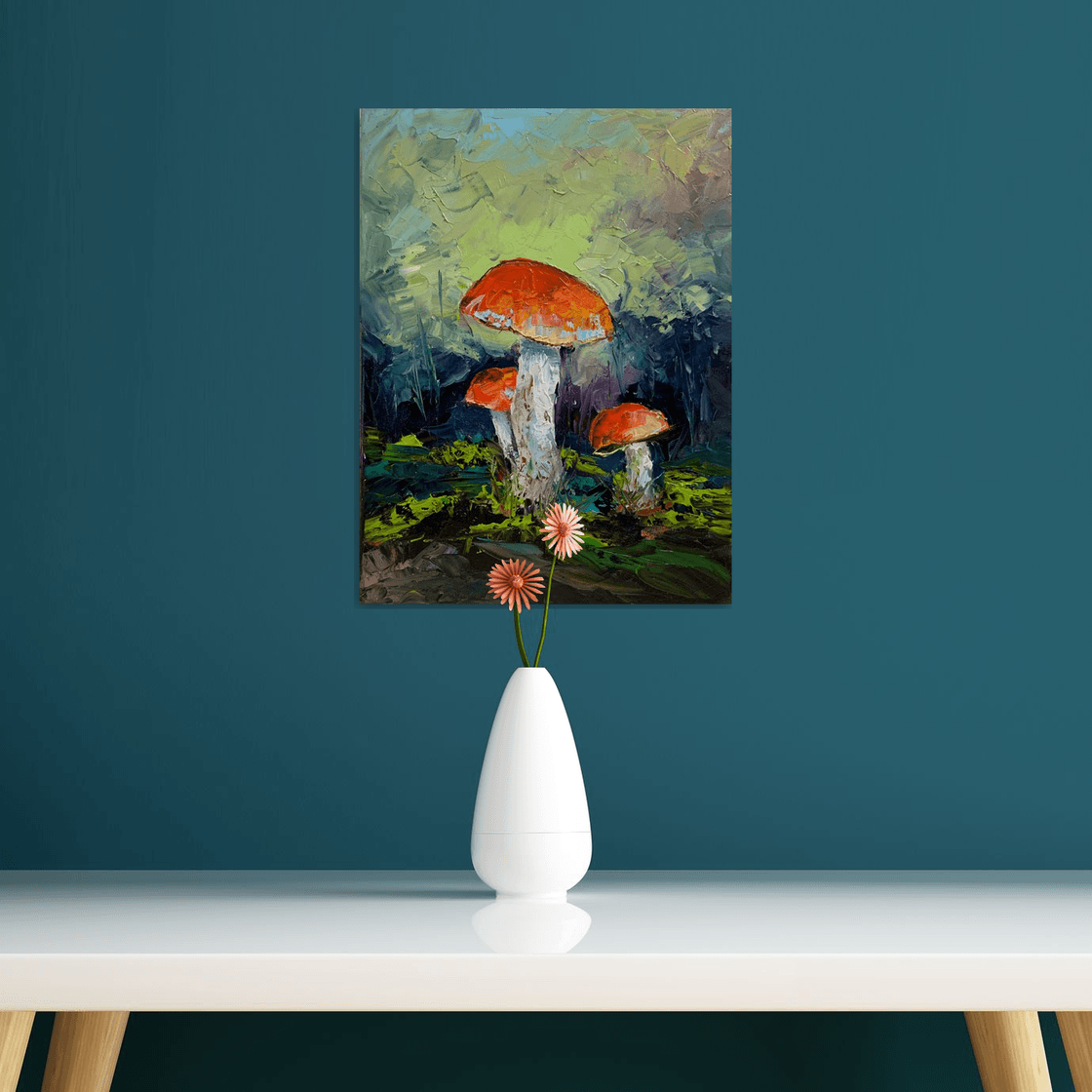 Fungi, orange-cap boletus Mushrooms. Original impasto, palette knife oil  painting. Painting by Vita Schagen